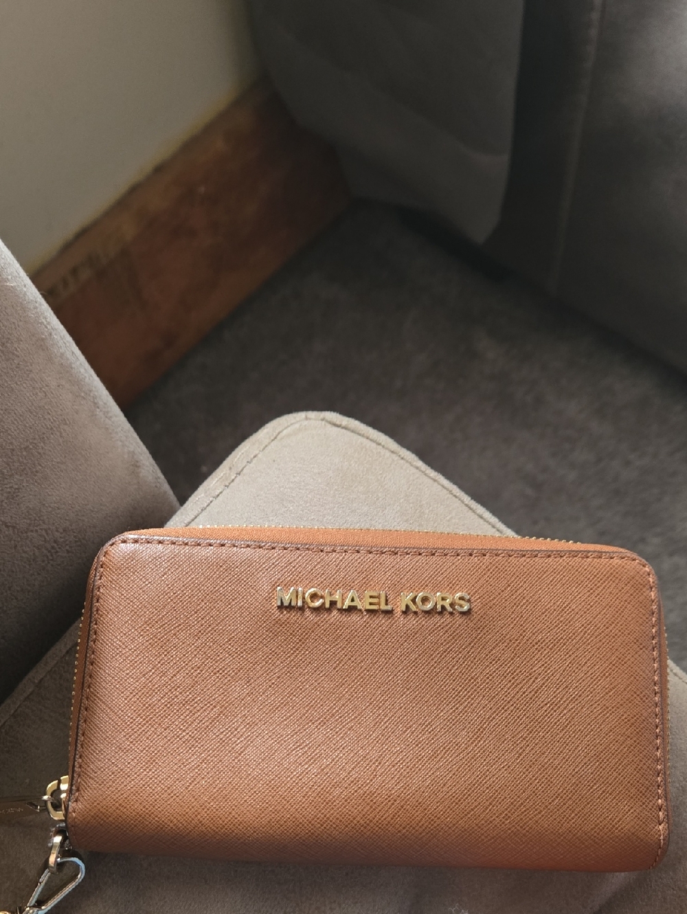 Michael Kors Brown Zip Card Wallet with Gold Logo